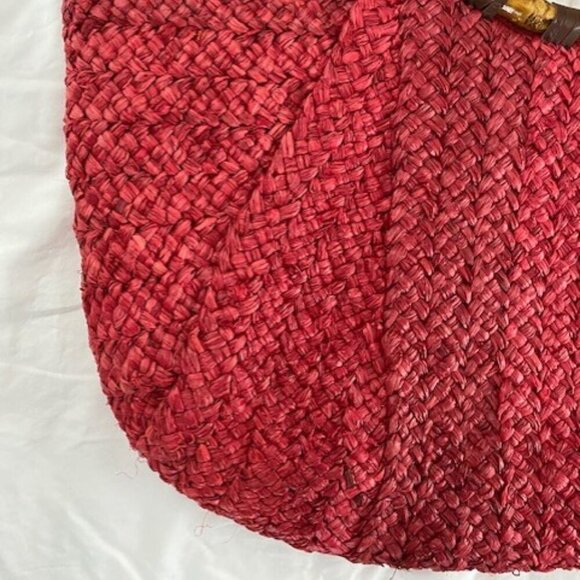 Vintage Large Red Woven Wicker Bamboo Handle Beach Bag Handbag Purse - Picture 4 of 15